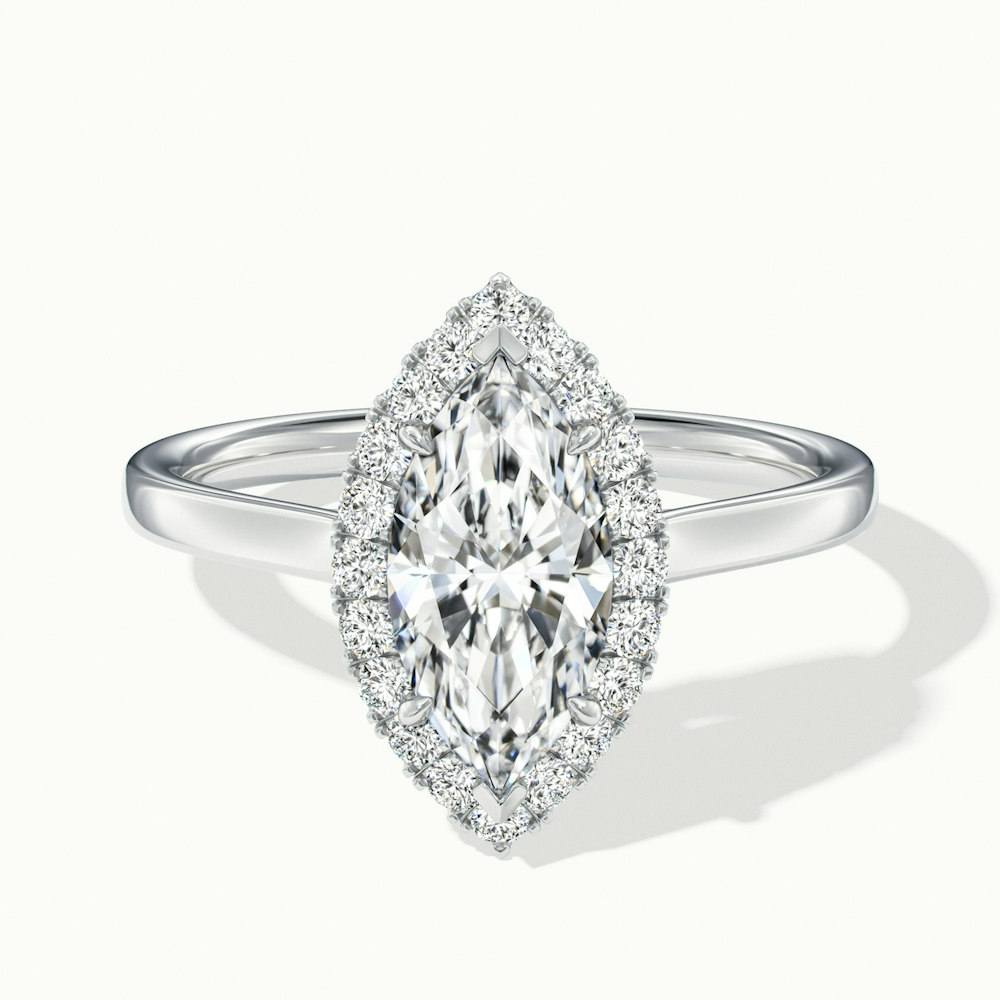 Melanie Marquise Halo Wedding Ring in White Gold and Platinum, showcasing the marquise-cut lab-grown diamond with a halo setting, available in both moissanite and lab-grown diamond.