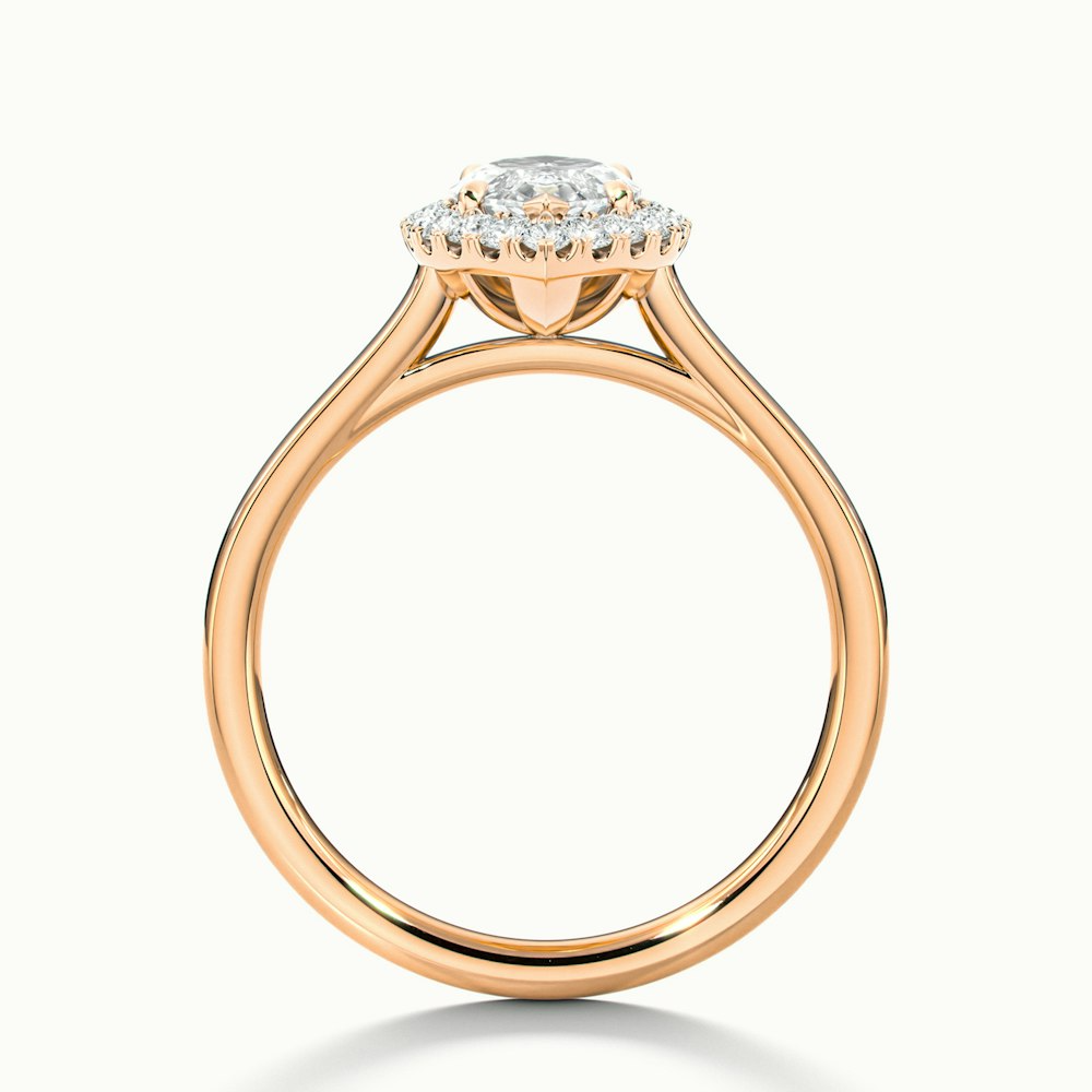 Side view of the Melanie Marquise Halo Wedding Ring in Rose Gold, with a marquise-shaped moissanite stone surrounded by a diamond halo, available in both moissanite and lab-grown diamond.