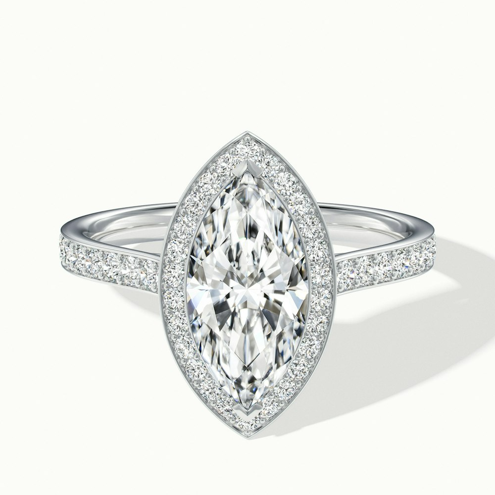 Natalie Marquise Halo Channel Set Wedding Ring in white gold and platinum with channel set diamonds surrounding a marquise-shaped center diamond, available in moissanite and lab-grown diamond