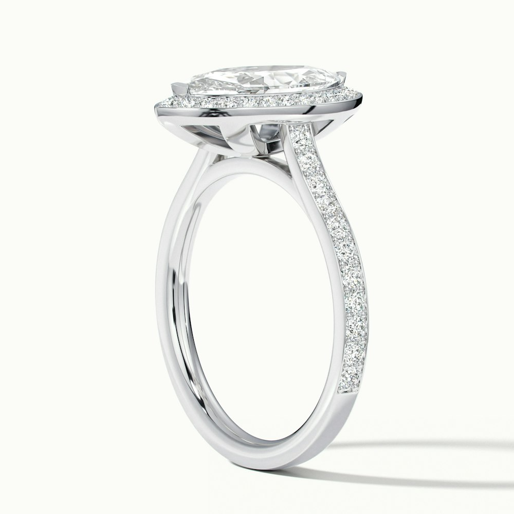 Side view of Natalie Marquise Halo Channel Set Wedding Ring in white gold and platinum, emphasizing the marquise cut diamond center and channel set diamonds, available in both moissanite and lab-grown diamond