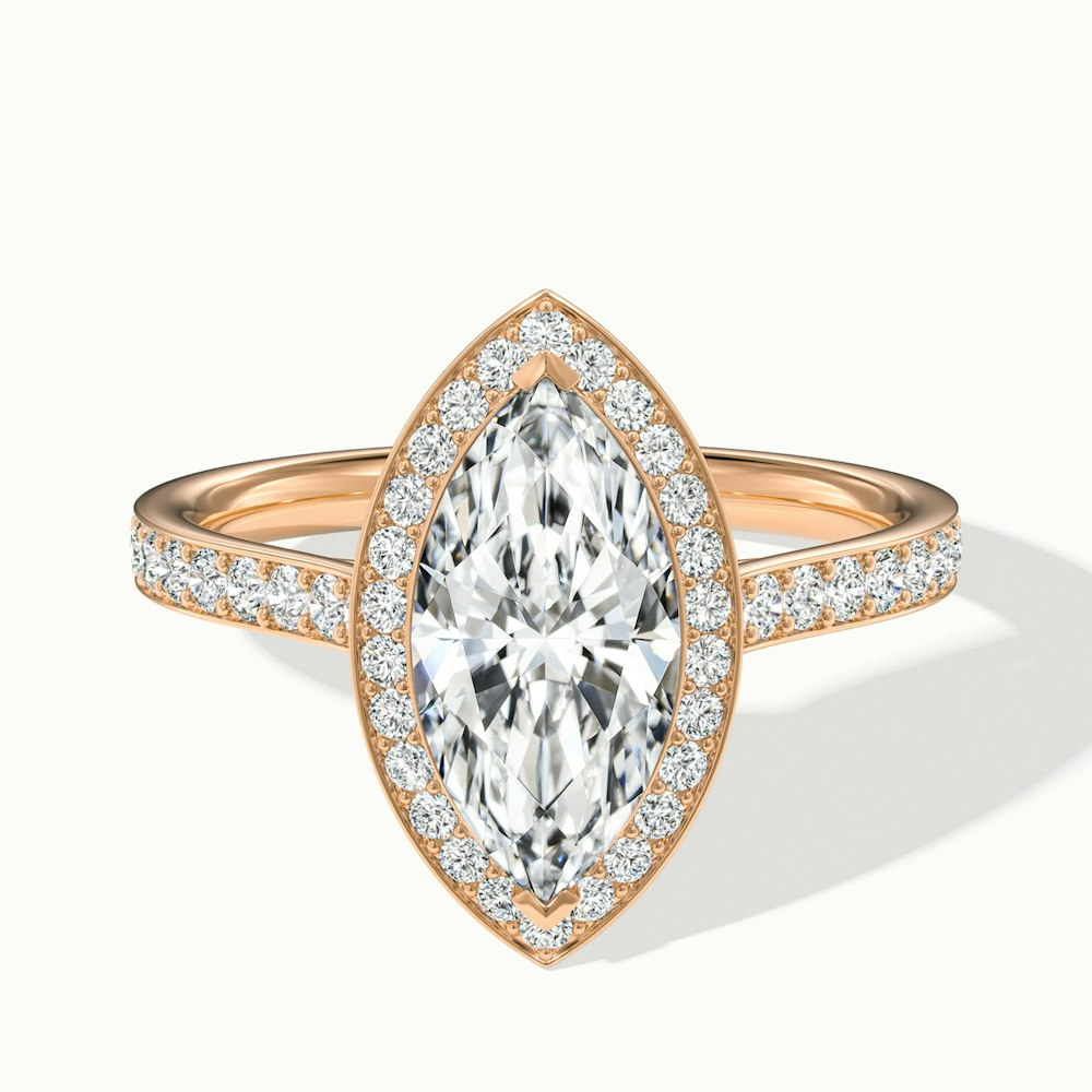 Natalie Marquise Halo Channel Set Wedding Ring in rose gold with moissanite and lab-grown diamond options, showcasing a sparkling halo and elegant channel set diamonds