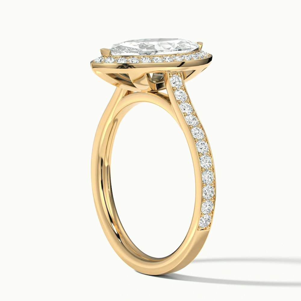 Side view of Natalie Marquise Halo Channel Set Wedding Ring in yellow gold, showcasing the beautiful halo of diamonds and marquise diamond center, available in both moissanite and lab-grown diamond