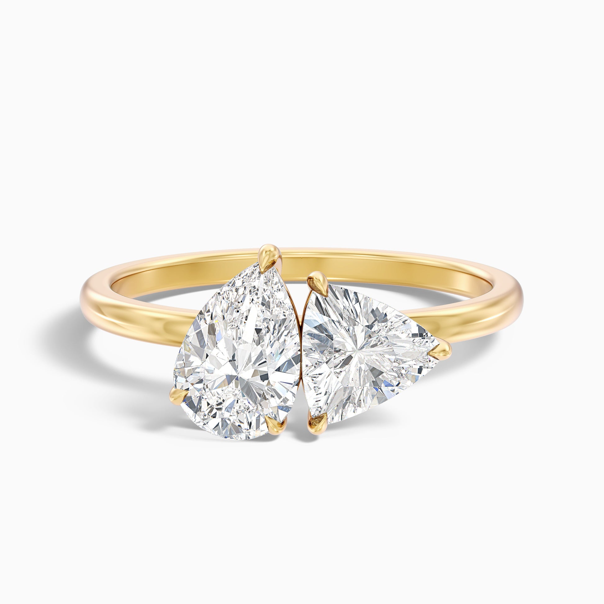 Naomi Toi Et Moi Diamond Ring with Pear and Trillion Cut Diamonds in Yellow Gold, available in both Moissanite and Lab-Grown Diamonds