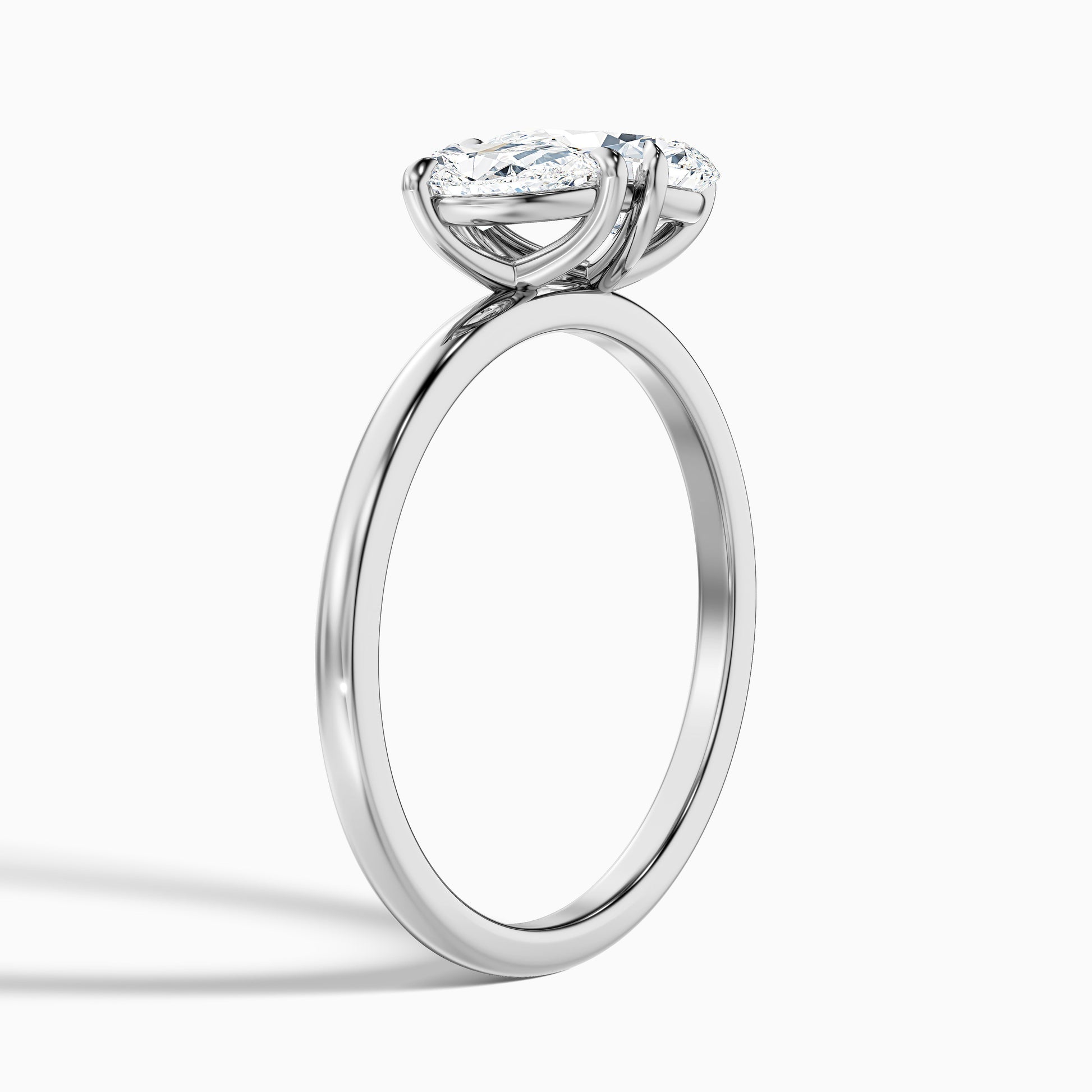 Side view of Rosalyn Toi Et Moi Engagement Ring with pear-shaped diamonds in white gold and platinum, available in both moissanite and lab-grown diamond