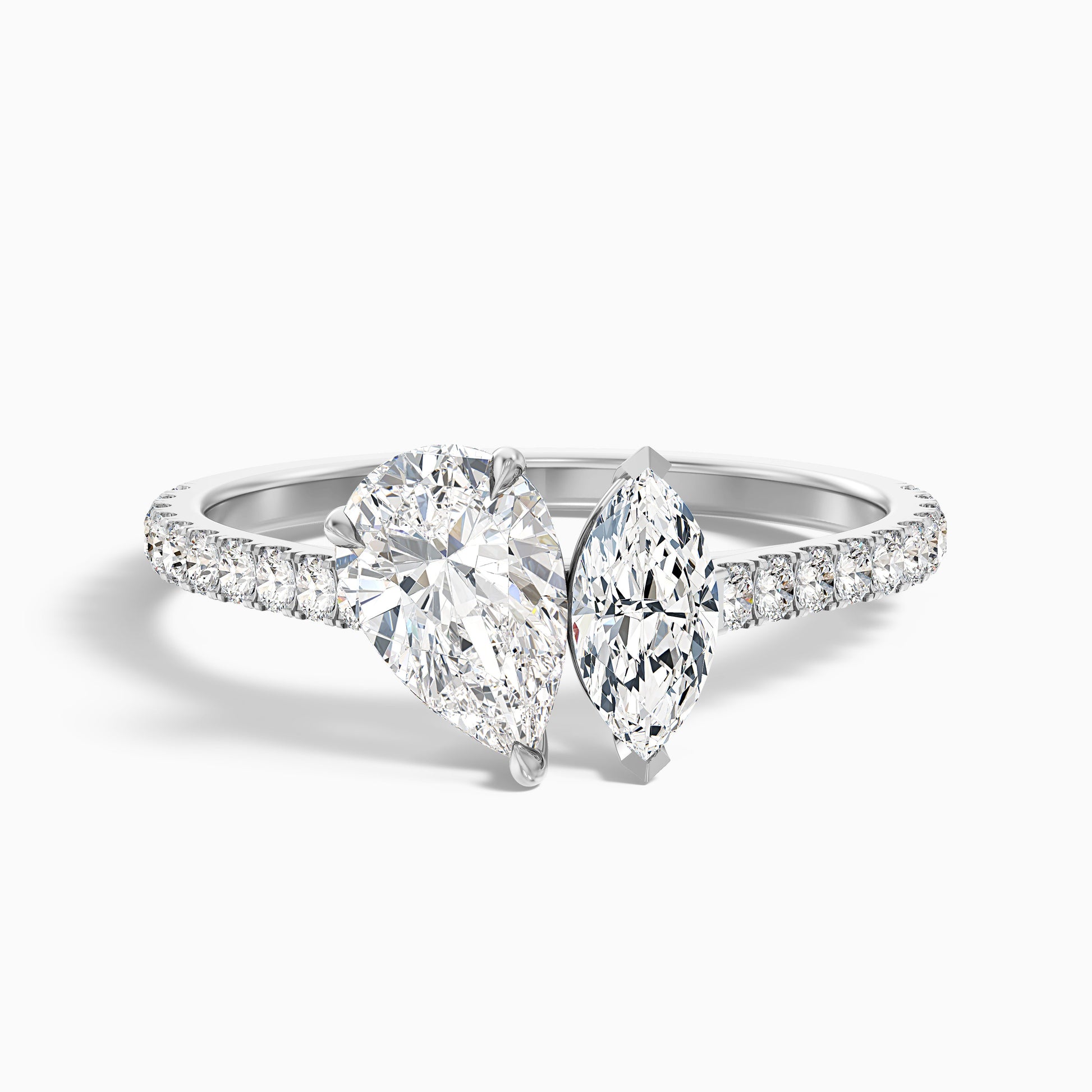 Theresa Toi Et Moi Diamond Ring with Pear and Marquise Cut Diamonds in White Gold and Platinum, available in both Moissanite and Lab-Grown Diamond options