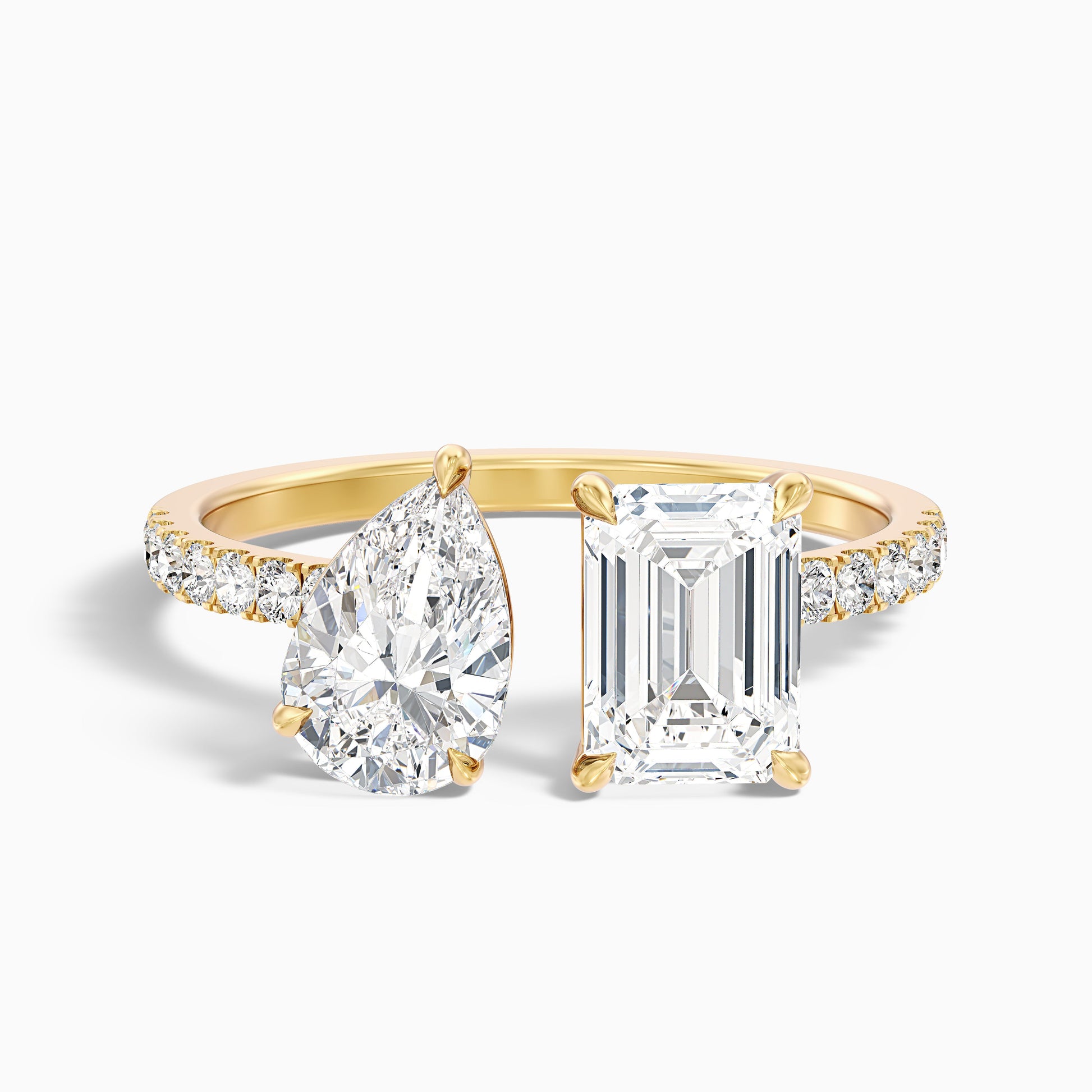 Kathryn Toi Et Moi Diamond Ring with Pear and Emerald Cut Diamonds in Yellow Gold, available in Moissanite and Lab-Grown Diamond variations