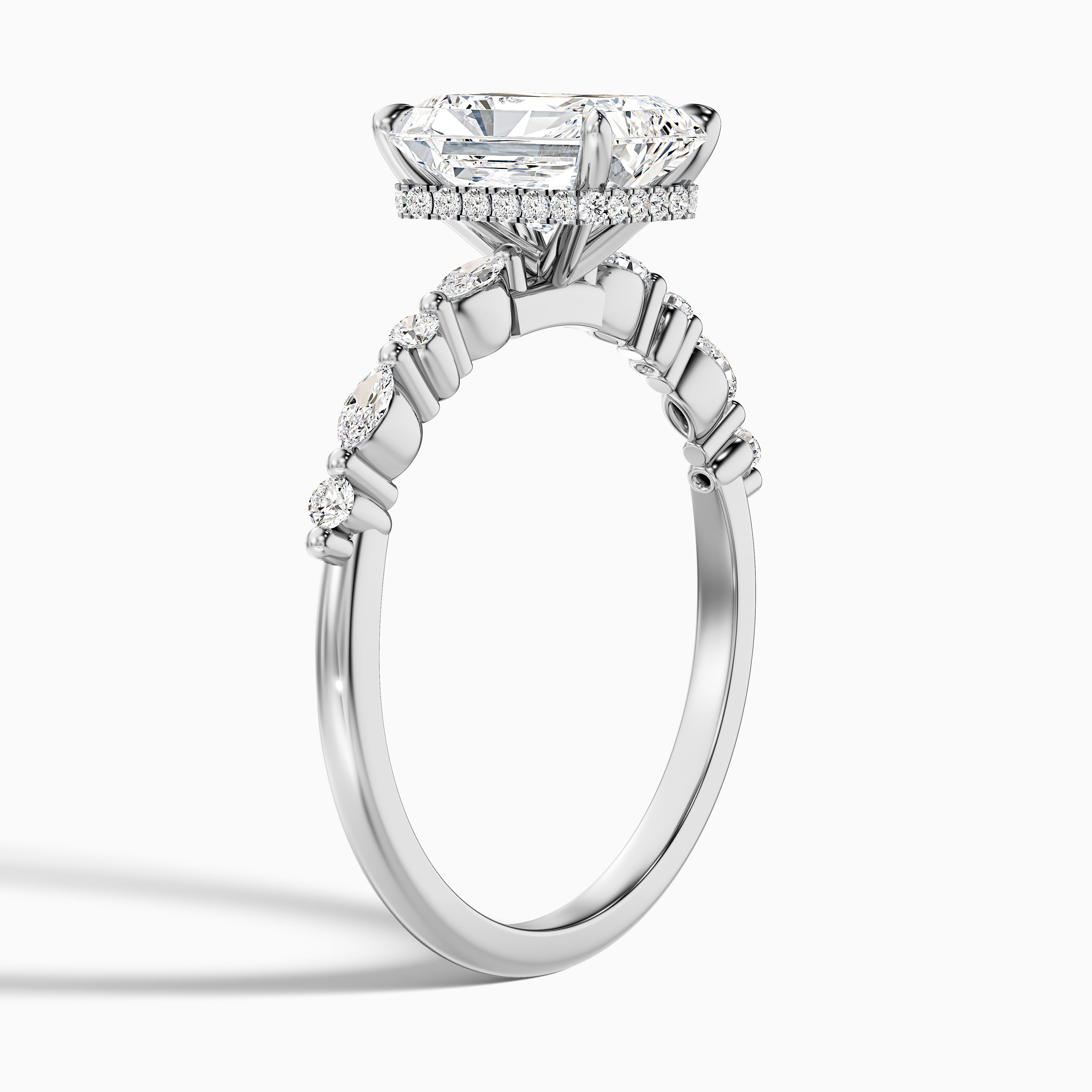 Kinslee Radiant Cut Hidden Halo Side Stone Moissanite Diamond Ring