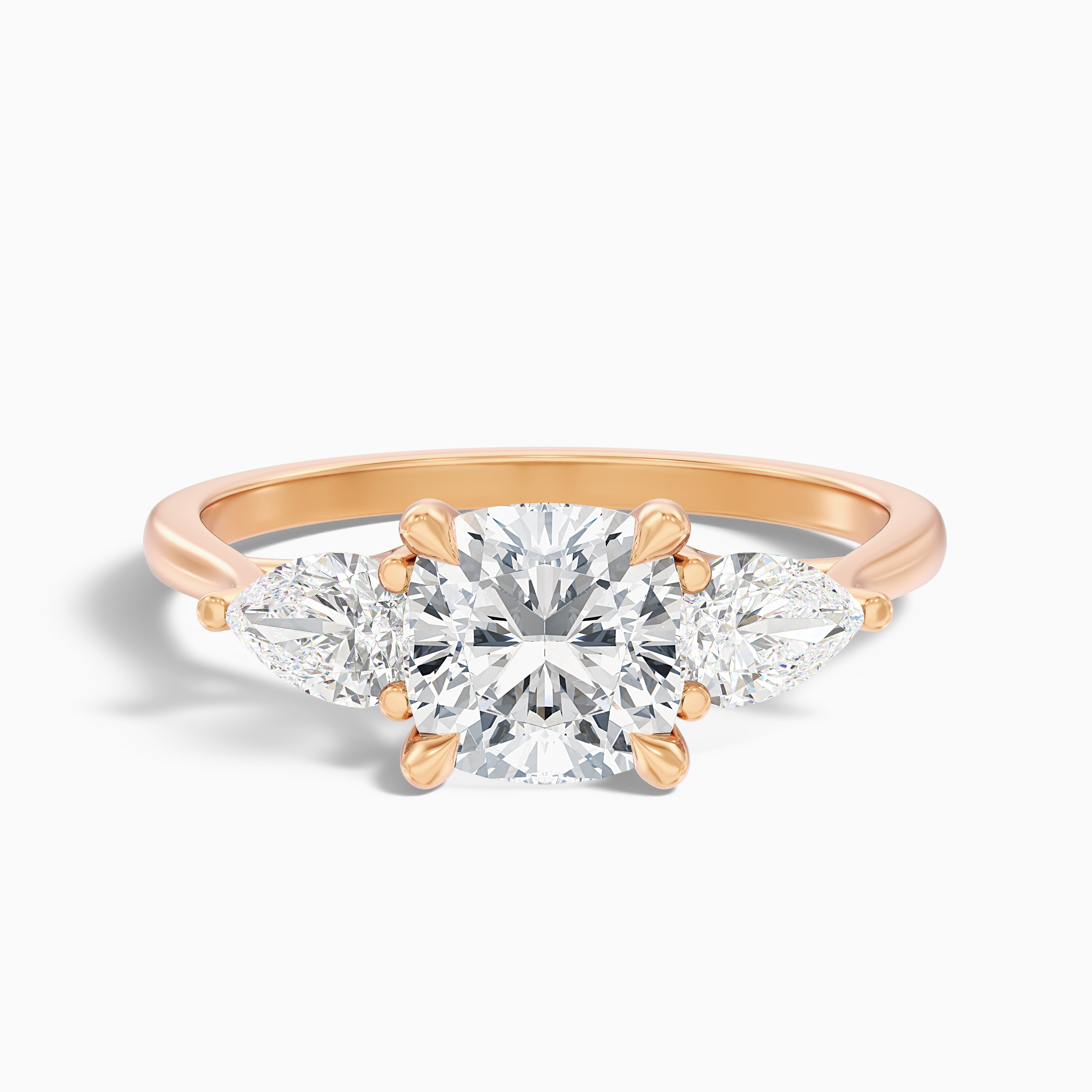 Raelyn Three Stone Cushion Moissanite Diamond Ring With Pear Side Stone