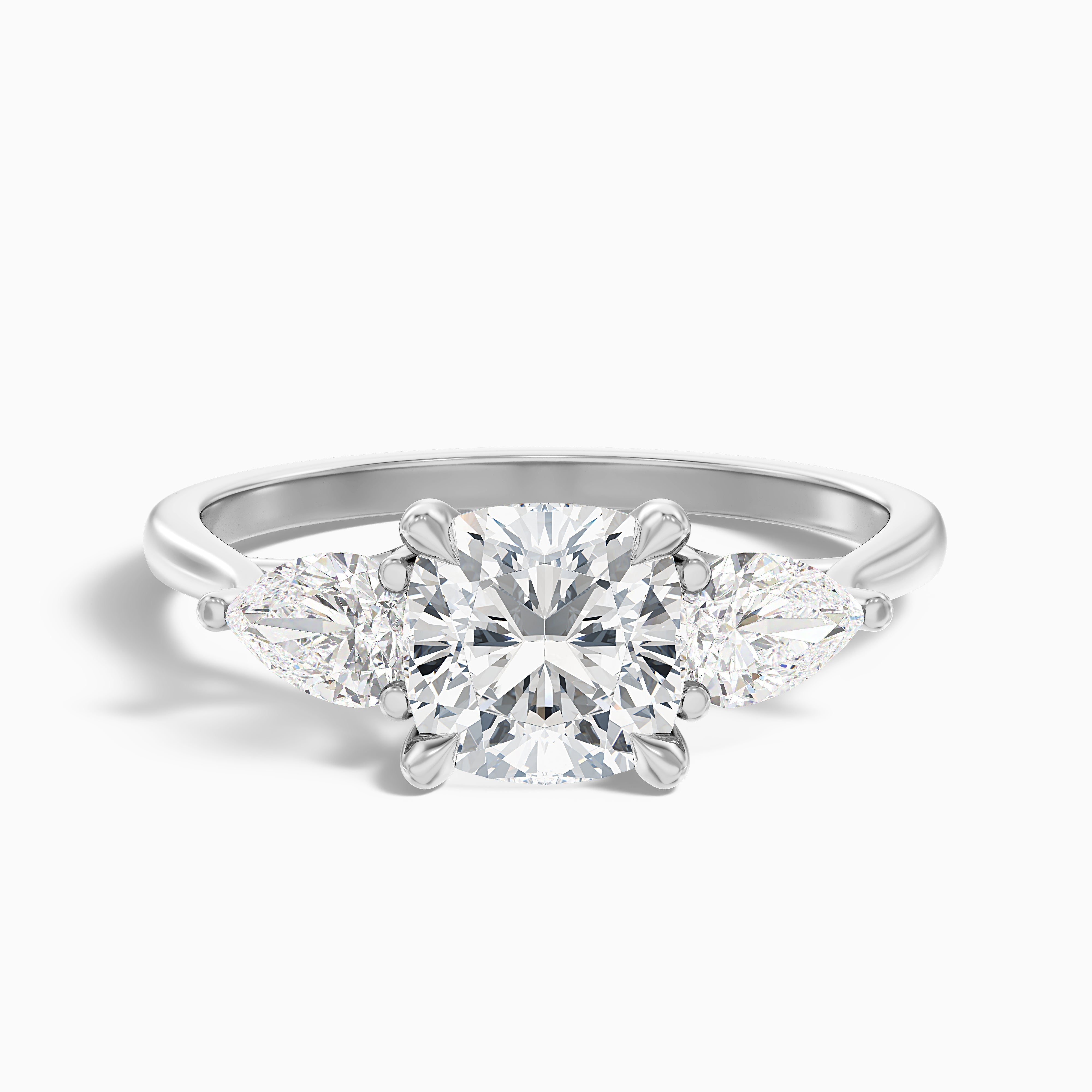 Raelyn Three Stone Cushion Lab Grown Diamond Ring With Pear Side Stone