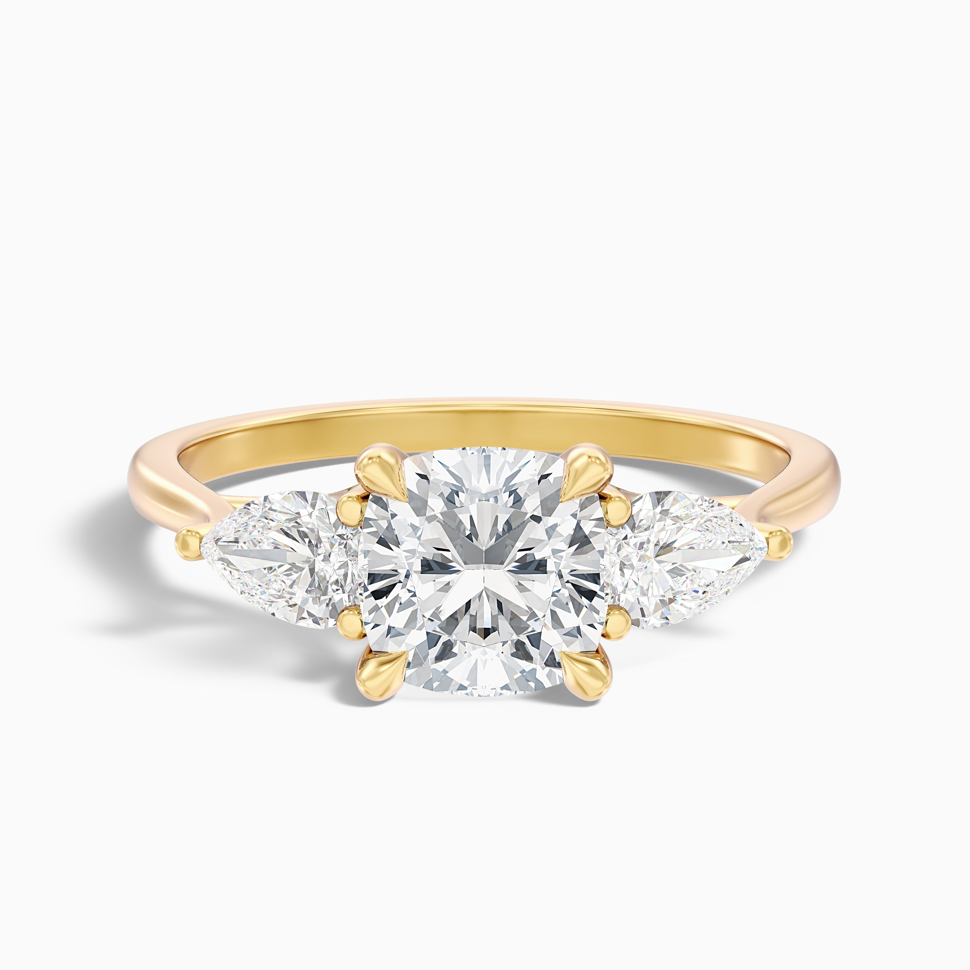 Raelyn Three Stone Cushion Lab Grown Diamond Ring With Pear Side Stone