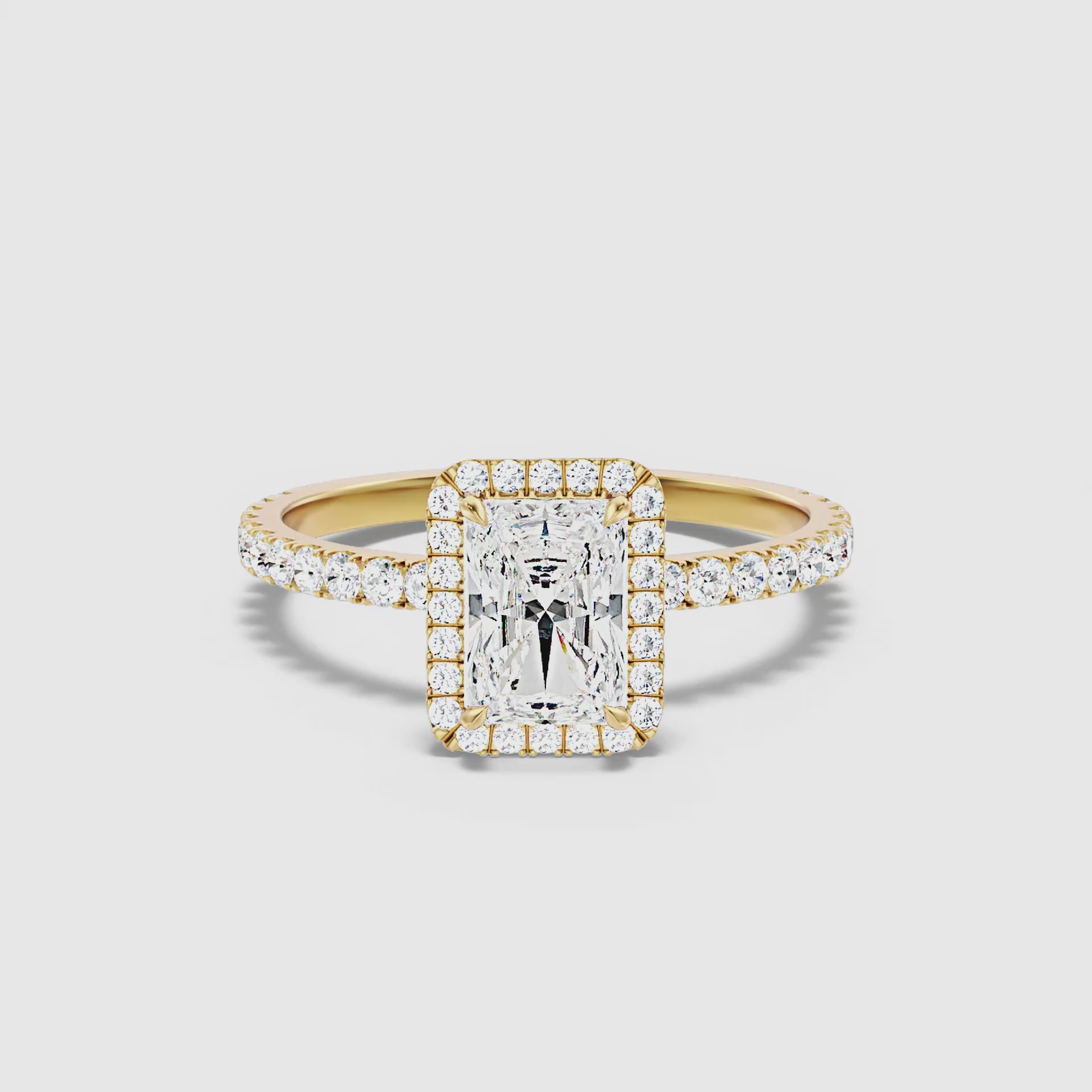 Load video: Gracina Radiant Cut Halo Pave Moissanite Diamond Ring