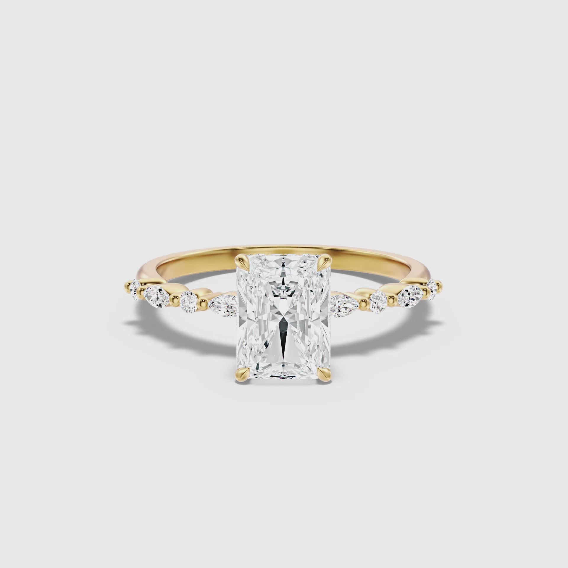 Load video: Kinslee Radiant Cut Hidden Halo Side Stone Moissanite Diamond Ring